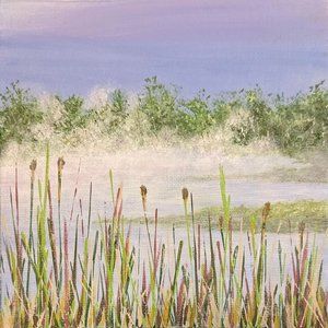 Misty Morn - Acrylic Nature Landscape Painting by Deb Bossert Artworks, 6" x 6",